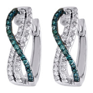 10K White Gold Blue Diamond Hoops Infinity 3 Row Huggies w/ Snap Closure 0.25 CT