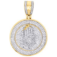 10K Yellow Gold Real Diamond Praying Hands Medallion Pendant 1.45" Charm 7/8 CT.