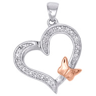 10K White Gold Diamond Tilted Heart Rose Butterfly Pendant 0.9" Charm 1/10 CT.
