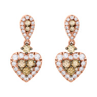 10K Rose Gold Brown Diamond Heart Danglers Ladies Stud Earrings 0.75" 1 CT.