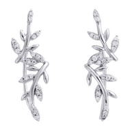 10K White Gold Diamond Ear Climbers Leaf Design Earrings 1" Long 0.20 CT.