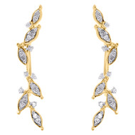 10K Yellow Gold Diamond Ear Climbers Leaf Design Earrings 1" Long 0.20 CT.