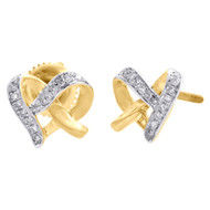 10K Yellow Gold Round Diamond Mini Heart Studs Love Knot Earrings 1/10 Ct.