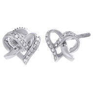 10K White Gold Round Diamond Mini Heart Studs Love Knot Earrings 1/10 Ct.
