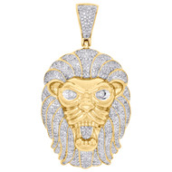 10K Yellow Gold Genuine Diamond Lion Head Puff Pendant 1.90" Pave Charm 1.25 CT.