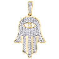10K Yellow Gold Genuine Diamond Hamsa Hand Evil Eye Pendant 1.30" Charm 1/2 CT.