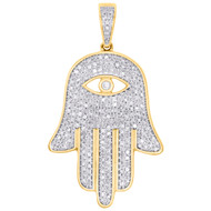 10K Yellow Gold Real Diamond Hamsa Hand Evil Eye Pendant 1.50" Pave Charm 1 CT.