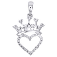 Womens Sterling Silver & Diamond Heart Royal Crown Pendant 0.85" Charm 1/10 CT.