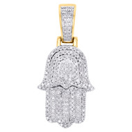 10K Yellow Gold Real Diamond Ancient Hamsa Hand Pendant 1.25" Pave Charm 1/2 CT.