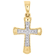 10K Yellow Gold Real Diamond Cross Pendant 1" Dome Milgrain Border Charm 1/10 CT