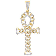 10K Yellow Gold Diamond Ankh Cross Miami Cuban Design Pendant 2.9" Charm 7/8 CT.
