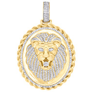 10K Yellow Gold Diamond Lion Head Oval Rope Frame Border Pendant 2.1" Charm 1 CT