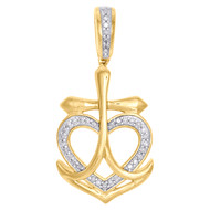 10K Yellow Gold Real Diamond Heart Cross Anchor Pendant 1.10" Pave Charm 1/10 CT