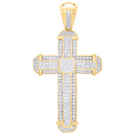 10K Yellow Gold Real Diamond Cross Tier Frame Fancy Pendant 2" Pave Charm 1/2 CT
