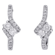 14K White Gold Diamond Two Stone Hearts Together Swirl Hoop 0.7" Earrings 1/2 CT
