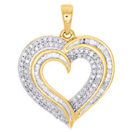 10K Yellow Gold Baguette Diamond Tri Frame Heart Pendant 1" Fancy Charm 3/8 CT.