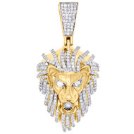 10K Yellow Gold Genuine Diamond Lion Head Face Pendant 1.80" Pave Charm 1.50 CT.