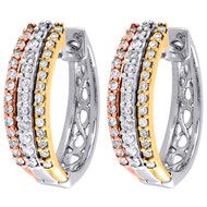10K Tri Tone Gold Round Diamond 3 Row Ladies Hoops 4mm Earrings 0.25 Ct.