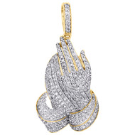 10K Yellow Gold Genuine Diamond Praying Hands Pendant 1.75" Unisex Charm 1.63 CT