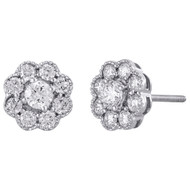 14K White Gold Solitaire Diamond 9mm Milgrain Edge Flower Stud Earrings 1 CT.