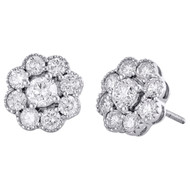 14K White Gold Solitaire Diamond 11mm Milgrain Edge Flower Stud Earrings 2 CT.