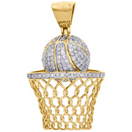 10K Yellow Gold Diamond Basketball Pendant Ball & Hoop Charm 1.55" Long 0.75 CT.