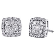14K White Gold Round Cut Diamond Square Halo Stud 8.50mm Cluster Earrings 3/4 CT