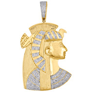 10K Yellow Gold Diamond Nefertiti Egyptian Queen Pendant 2.6" Charm 0.38 CT.