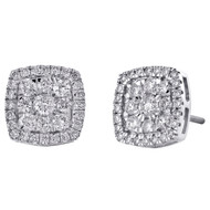 14K White Gold Round Diamond Square Halo Stud 10.50mm Cluster Earrings 1.25 CT.