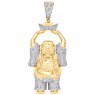 10K Yellow Gold Diamond Happy Lucky Hands Up Buddha Pendant 2.80" Charm 1.63 CT.
