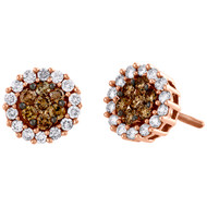 14K Rose Gold Brown Diamond Flower Studs 9.5mm Ladies Round Earrings 1 Ct.
