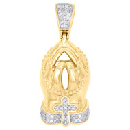 10K Yellow Gold Diamond Praying Hand Rosary Cross Pendant 1.3" Pave Charm 1/4 CT