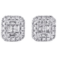 14K White Gold Round & Baguette Diamond Stud 8mm Statement Halo Earrings 1/2 CT.