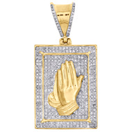 10K Yellow Gold Diamond Praying Hand in Frame Pendant Rectangle Charm 0.50 CT.