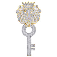 10K Yellow Gold Genuine Diamond Lion Head & Key Pendant 2.50" Pave Charm 1.63 CT