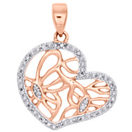 14K Rose Gold Diamond Sideways Heart w/ Butterfly Pendant Ladies Charm 1/20 Ct.