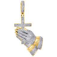 10K Yellow Gold Real Diamond Praying Hands w/ Cross Pendant 1.95" Charm 0.88 CT.