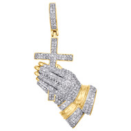 10K Yellow Gold Real Diamond Praying Hands w/ Cross Pendant 2" Charm 1.50 CT.