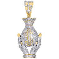 10K Yellow Gold Hands Holding Money Bag Diamond Pave Pendant 1.95" Charm 1.33 CT