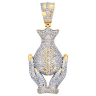 10K Yellow Gold Diamond Hands Holding Money Bag Pendant Designer Charm 2 CT.