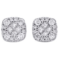14K White Gold Princess & Round Diamond Soleil Cluster Stud 9mm Earrings 1 CT.