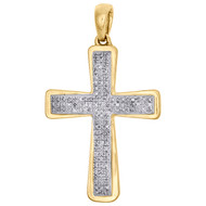 10K Yellow Gold Real Diamond Concave Cross Pendant Pave Set 1.50" Charm 0.33 CT.