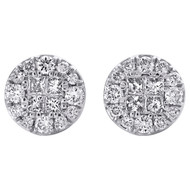 14K White Gold Princess Diamond Soleil Cluster Stud 9.75mm Circle Earrings 1 CT.