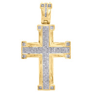 10K Yellow Gold Real Diamond Domed Cross Pendant Statement 2.25" Charm 0.75 CT.