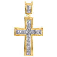 10K Yellow Gold Real Diamond Concave Cross Pendant Pave Set 1.15" Charm 0.17 CT.