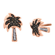 10K Rose Gold Brown & White Diamond Mini 8.5mm Palm Tree Stud Earrings 0.13 CT.