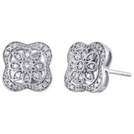 .925 Sterling Silver Diamond 9.25mm Small Flower Square Stud Earrings 0.13 CT.