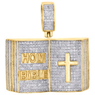 10K Yellow Gold Round Diamond Holy Bible Book Pendant 1.35" Cross Charm 1.50 CT.