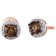 14K Rose Gold Genuine Round Brown Solitaire Diamond Stud 7mm Halo Earrings 1 CT.