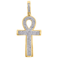 10K Yellow Gold Real Diamon Ankh Cross Pendant Pave Set 1.60" Charm 0.33 CT.